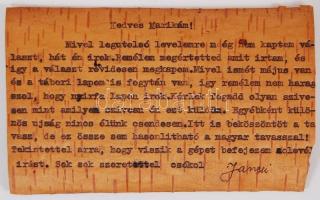 1944 Nyírfakéregre írt tábori levél Oroszországból, rajzzal