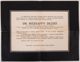 1937 Rózsaffy Dezső a Szépművészeti Múzeum igazgatóőrének halotti értesítője Lyka Károlynak elküldve