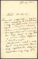 1897 Klug Nándor fiziológus professzor saját kézzel írt, Kedves Tanár Úr! kezdetű, valószínűleg Lyka Károlynak szóló levele. 3 beírt oldal