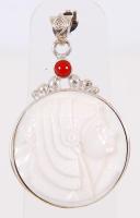 Kézzel faragott, egyiptomi istent ábrázoló, art deco csontmedál korallal, ezüst (Ag) foglalatban /  Hand carved art deco bone medallion with coral in silver frame, 5cm