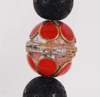 Nagyméretű lánc kézzel készített afgán szemekkel, fekete és vörös korallal, lávakővel, karneollal, e...