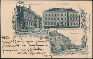 Kaposvár, laktanya, megyeháza, takarékpénztár; floral 'Hagelman Károly, Kaposvárott' (EK)