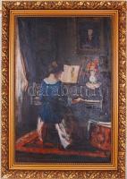 Bende Jánosné, Kovacsev Friderika (1891-1975): A zongoránál. Olaj, vászon, jelzett, régi keretben lepattanással 63×83 cm