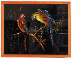 Jelzés nélkül: Bársonyra festett madárkák, üvegezett kerteben, 44×56 cm