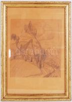 Dinnyés Ferenc (1886-1958): Ház a dombok között. Grafit, papír, jelzett, üvegezett keretben, 51x38cm