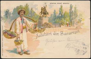 1899 Bucharest, Mihai Bravu statue, Romanian folklore litho (small tear)