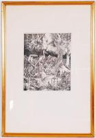 Badacsonyi Sándor (1949): Várakozás. Rézkarc, papír, jelzett, üvegezett keretben, 61x44cm