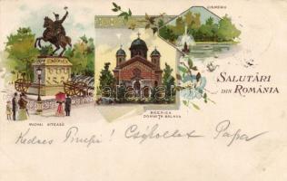 Bucharest Cismigiu park, Balasa church, Michai Viteazul statue litho (Rb)