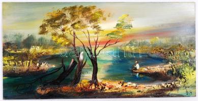 Lukács József: Pecázó a öbölben. Olaj-gipsz, farost, jelzett, 20×40 cm