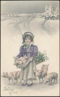 New Year, girl with pigs