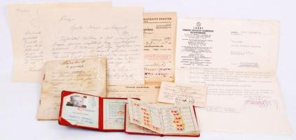 1900-1955 Vegyes okmány tétel: Igazolványok, munkaszerződés, levél stb