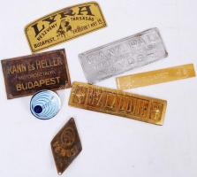 Hét darab, régi fém, réz reklám tábla. 5×10 cm