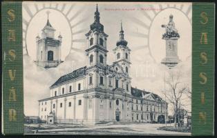Sasvár - képeslap 10 képes leporelló résszel (Josef Marlep vendéglője, Krajcsovics Ferenc kereskedése, malom, cukorgyár) / postcard with detachable leporello