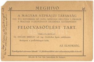 1922 Meghívó a Magyar Néprajzi társaság felolvasóülésére rajta Heller Bernát saját kezű írásával