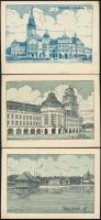 11 db régi grafikai városképes lap a történelmi Magyarország területéről / 11 pre-1945 graphic Historical Hungarian town-view postcards