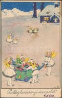 Christmas, angels with toys, litho (EK)