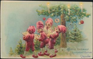 Christmas, singing dwarves, litho Emb. (small tear)