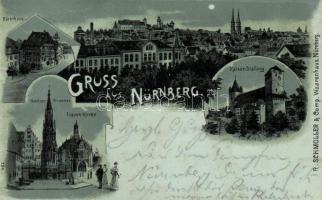 Nürnberg, Dürerhaus, Kaiser Stallung, Schöner Brunnen, Frauen Kirche / castle, fountain, church, night litho (EB)