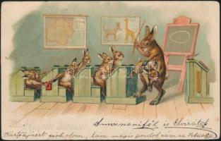 Easter, rabbits at the school, litho (b)