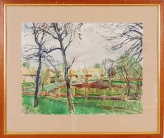 Udvary Pál (1900-1987): Tavaszi táj. Akvarell, papír, jelzett, üvegezett keretben, 43x52cm