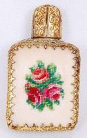 Parfümös üvegcse tűgobelin és réz díszítéssel /  Vintage perfume glass, 5x3cm