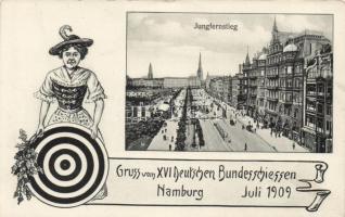 1909 Hamburg, Jungfernstieg, XVI Deutschen Bundesschiessen / promenade, 16th German shooting festival, hunter lady, target table