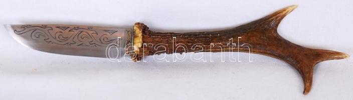 Agancsnyelű, díszített pengéjű vadászkés övre erősíthető bőrtokban / 
Hunter knife in leather case, ...