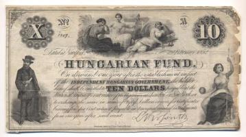 1852. 10$ "A" "Kossuth bankó" fekete számozással "Adolphe Gyurmán" függőleges aláírásával, kartonra ragasztva T:III,III- Hungary 1852. 10 Dollar "A" "Kossuth" with black serial number and with the signature of "Adolphe Gyurmán", stick to cardboard C:F,VG