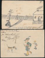 4 db régi, humoros grafikai lap, kettő saját készítésű, pinx. Paulik J.