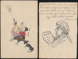 4 db régi, humoros grafikai lap, kettő saját készítésű, pinx. Paulik J