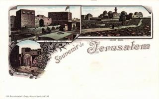 Jerusalem, Tour de David, Mont Zion, Via Dolorosa / tower, mountain, street, floral litho