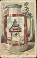 Graz Schlossberg clock tower litho