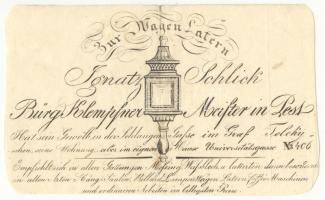 cca 1830 Budapest V. Schlick Ignác lámpagyáros reklámnyomtatvány / Lampe maker commercial 14x8 cm