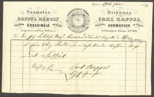1857 Budapest V. Rappel Károly óracsináló számla / Clock maker invoice