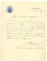 1912 gróf zabolai Mikes János szombathelyi püspök saját kézzel aláírt levele