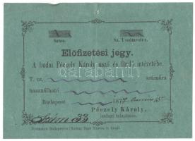 1877 a budai Péczely Károly úszó és fürdő intézet előfizetési jegye, hátoldalt a tulajdonos sk. .írásával