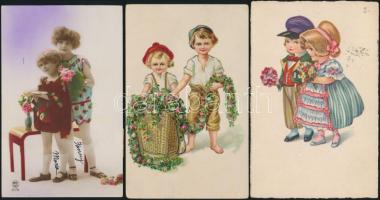 3 db régi, gyermekeket ábrázoló képeslap, köztük egy litho