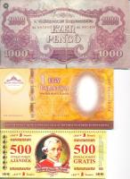 3db különféle reklámpénz, utalvány: MNB 1 Fabatka, 500Ft Ajándék, 1944. 1000P másolata T:I,II,IV