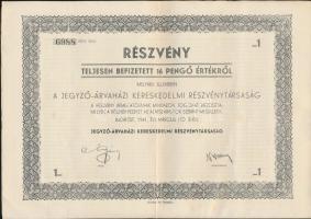 1941. "A Jegyző Árvaházi Kereskedelmi Részvénytársaság részvénye 16P-ről szelvényekkel + Állami Nyereménykölcsön - Államadóssági Kötvény 100P-ről szelvényekkel