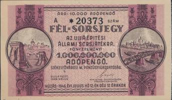 Budapest 1946. Fél sorsjegy Az Újjáépítési Állami Sorsjátékra (1.000.000.000AP főnyereményre) T:I