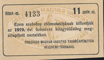 1919. Országos Magyar Vasutas Takarékpénztár Rt. osztalék kifizetéséről szóló szelvény