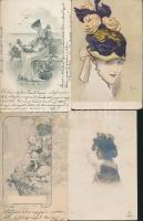 4 db régi, hölgyeket ábrázoló képeslap, köztük egy litho, pinx. F. Gareis / 4 pieces postcards with ladies, one of them is litho, pinx. F. Gareis