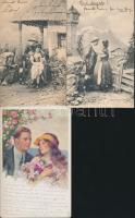 3 db régi, szerelmes párokat ábrázoló képeslap, az egyik szignóval