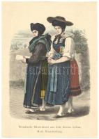 2 db színes fa metszet, osztrák népi öltözködésről, hátoldalán pecsét