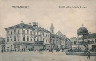 Marosvásárhely Széchenyi square, musical fountain, savings bank, Fonciere-the insurance agency of Pest, Mór Bergel's men clothing store of Budapest, Dávid Kincs's men and child clothing store, the shops of Sándor Harmath, Lajos Bucher, István Tutsek