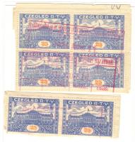 1925 Cegléd városi illetékbélyeg 2 kivágáson, négyestömb és pár, köztük lemezhibás (14 000)