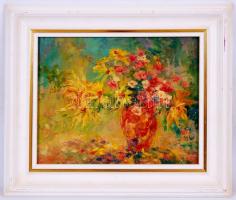 KV jelzéssel: Virágcsendélet. Olaj, farost, jelzett, keretben 35×40 cm