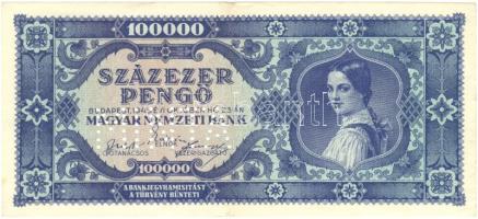 1945. 100.000P kék "M000-000000" sorozattal és sorszámmal "MINTA" perforációval! T:II,II- Hungary 1945. 100.000 Pengő blue with serial "M000-000000" and with "MINTA" (SPECIMEN) perforation! C:XF,VF Adamo P24M1a