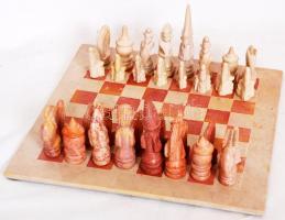 Kézzel faragott komplett kő sakk-készlet táblával (egy-két darab javítva) / 
Hand carved stone chess...
