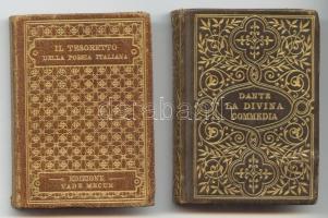 2db olasz nyelvű minikönyv: Dante, La Divina Commedia; Il tresoro della poesia italiana. Firenze, 1900/1901, G. Barbera. Kiadói, gazdagon díszített, aranyozott egészbőr kötésben, jó állapotban /  Italian miniature books. Gold plated leather binding, good condition